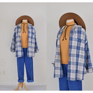 Vintage 90s Blue Plaid Cotton Shirt | long sleeves‎ size L